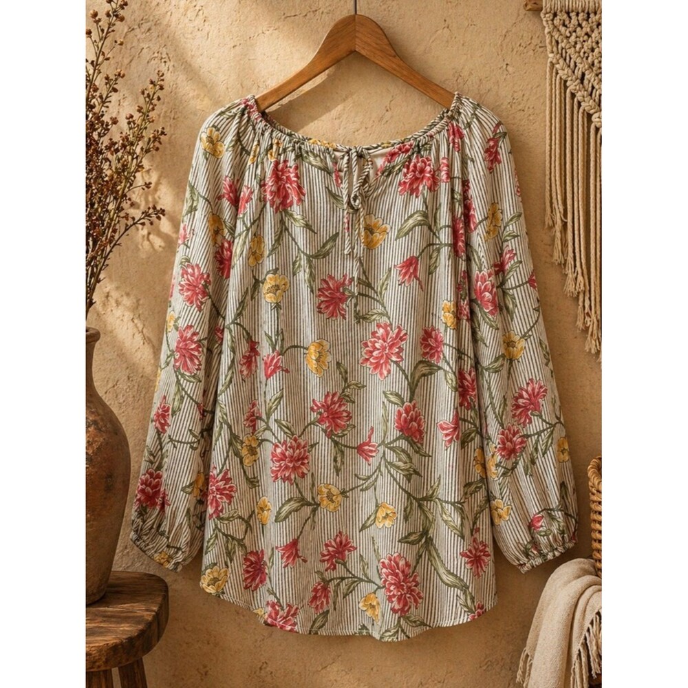 Fred David Women’s Boho Stripes & Floral‎ Print Top Size 1X 3/4 Sleeve Blouse